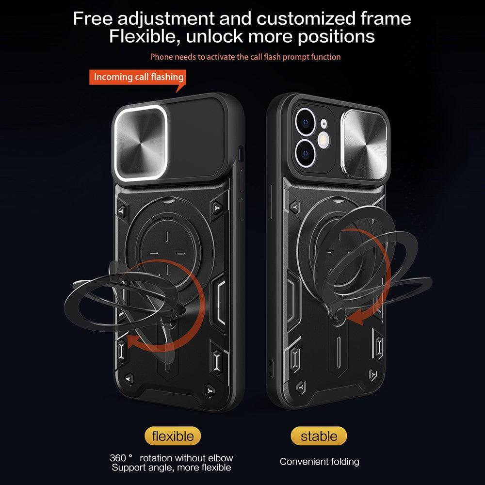 Til iPhone 12 6,1 tommer Kameraskyder Telefoncover Roterbar Stander PC + TPU Stødsikkert Cover