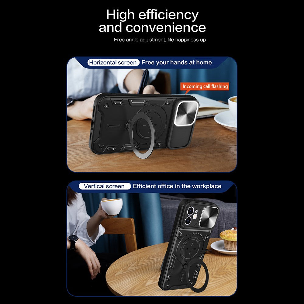 Til iPhone 12 6,1 tommer Kameraskyder Telefoncover Roterbar Stander PC + TPU Stødsikkert Cover