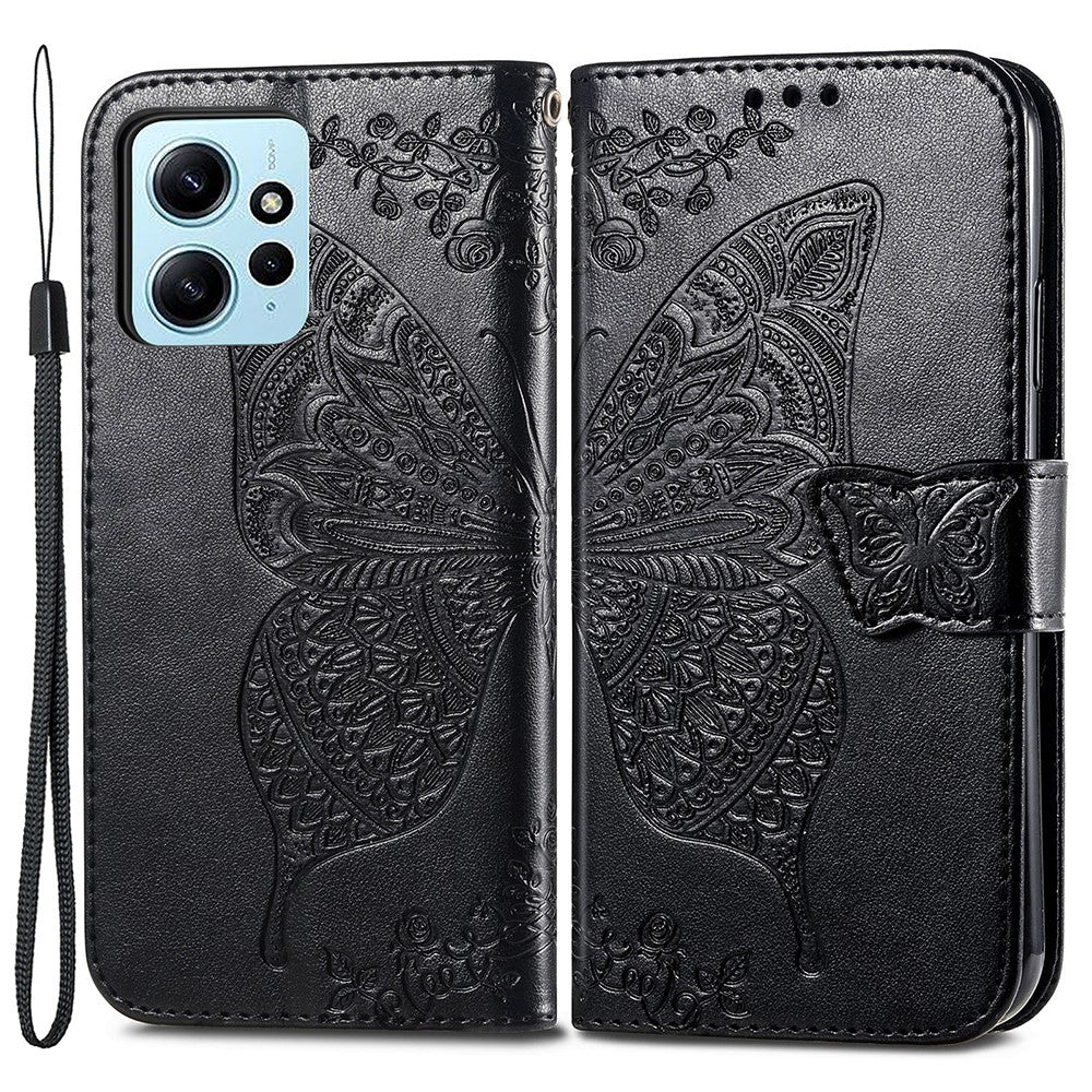 Xiaomi Redmi Note 12 4G PU-läderfodral med stativ, fjärilstryck, vikbart plånboksfodral