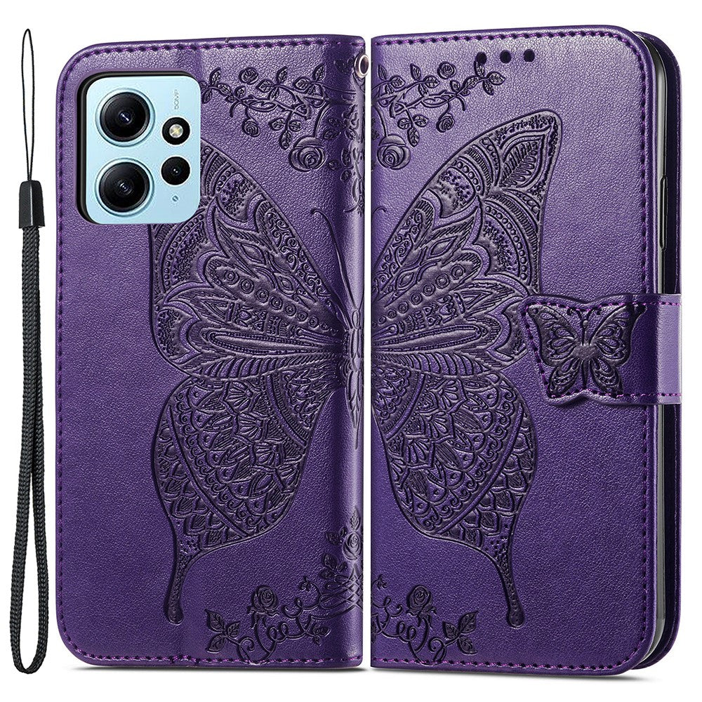 Xiaomi Redmi Note 12 4G PU-läderfodral med stativ, fjärilstryck, vikbart plånboksfodral