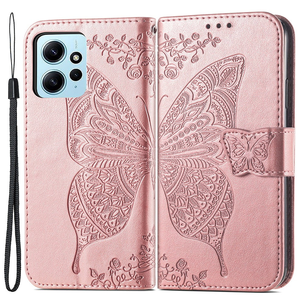 Xiaomi Redmi Note 12 4G PU-läderfodral med stativ, fjärilstryck, vikbart plånboksfodral
