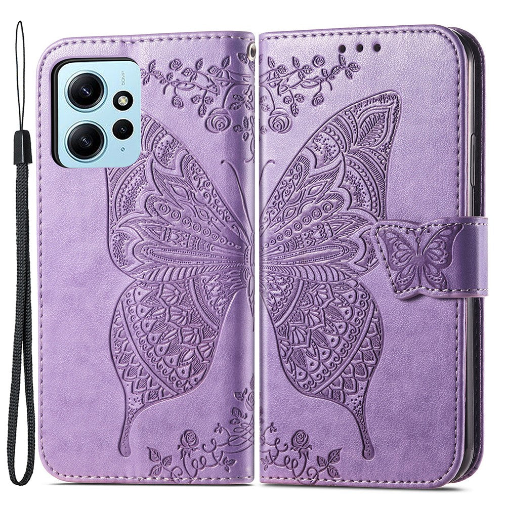 Xiaomi Redmi Note 12 4G PU-läderfodral med stativ, fjärilstryck, vikbart plånboksfodral