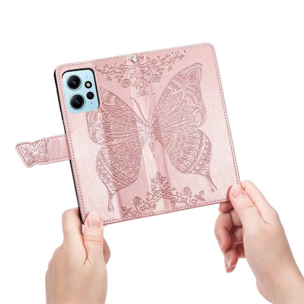 Xiaomi Redmi Note 12 4G PU-läderfodral med stativ, fjärilstryck, vikbart plånboksfodral