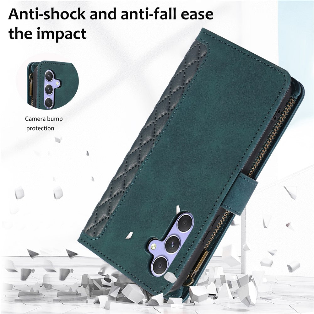 Samsung Galaxy A54 5G-lædermobilcover med lynlås, 9 kortlommer, rombemønster, pungetui