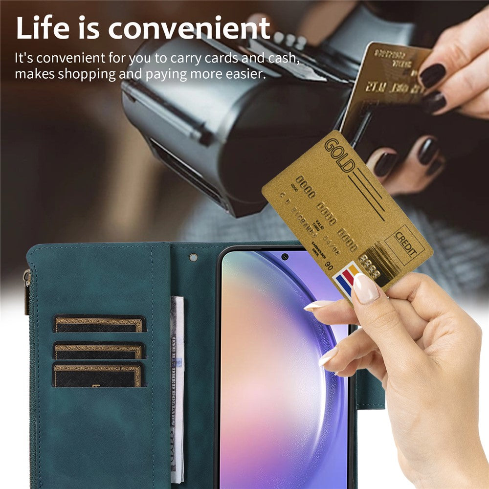 Samsung Galaxy A54 5G-lædermobilcover med lynlås, 9 kortlommer, rombemønster, pungetui