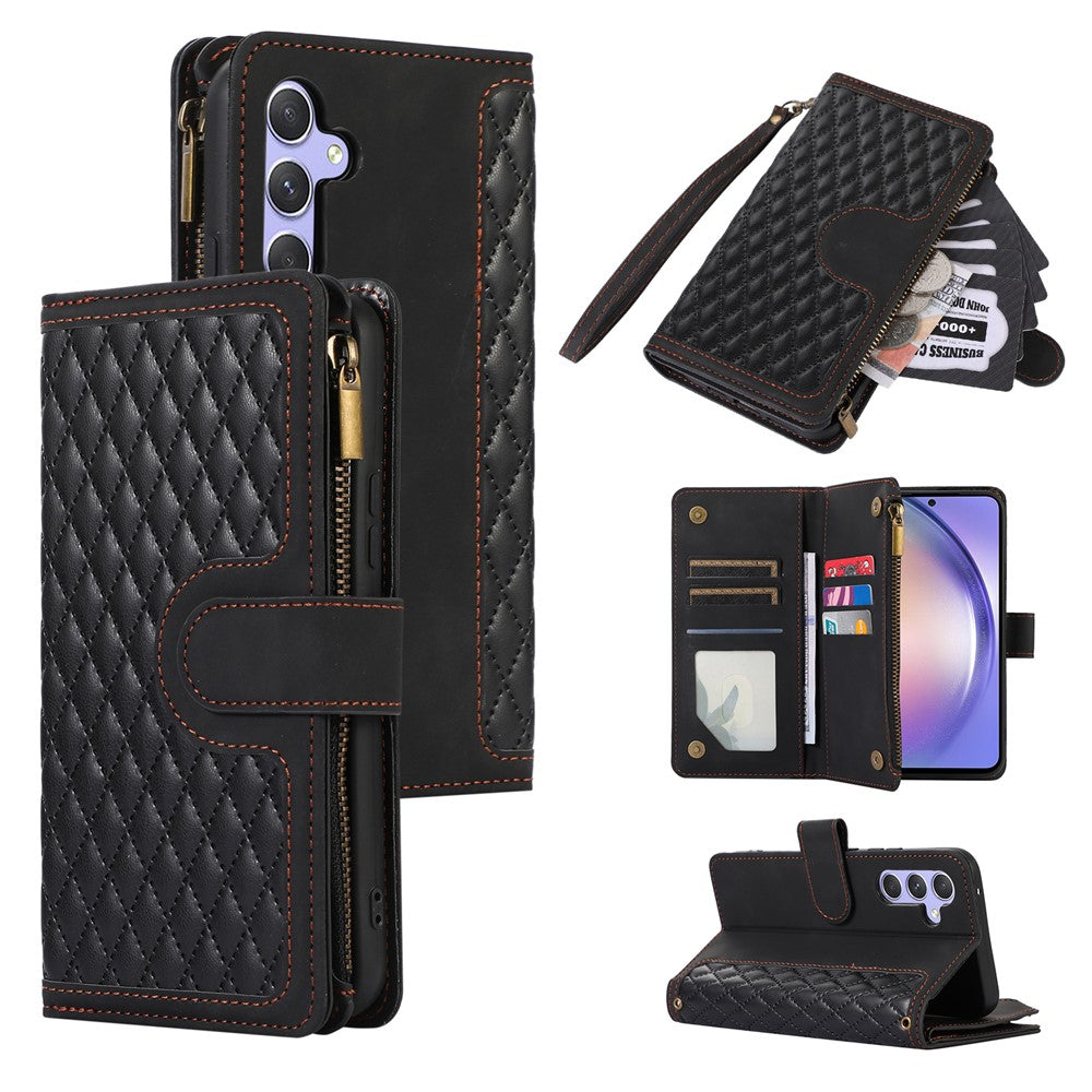 Samsung Galaxy A54 5G-lædermobilcover med lynlås, 9 kortlommer, rombemønster, pungetui