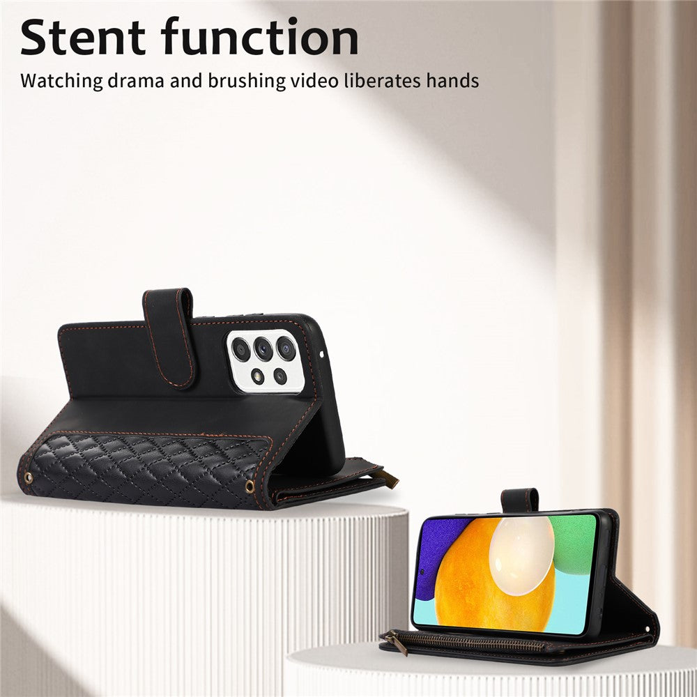 For Samsung Galaxy A32 4G (EU Version) Rhombus Imprint Zipper Pocket Wallet Phone Case Leather Card Holder Stand Cover