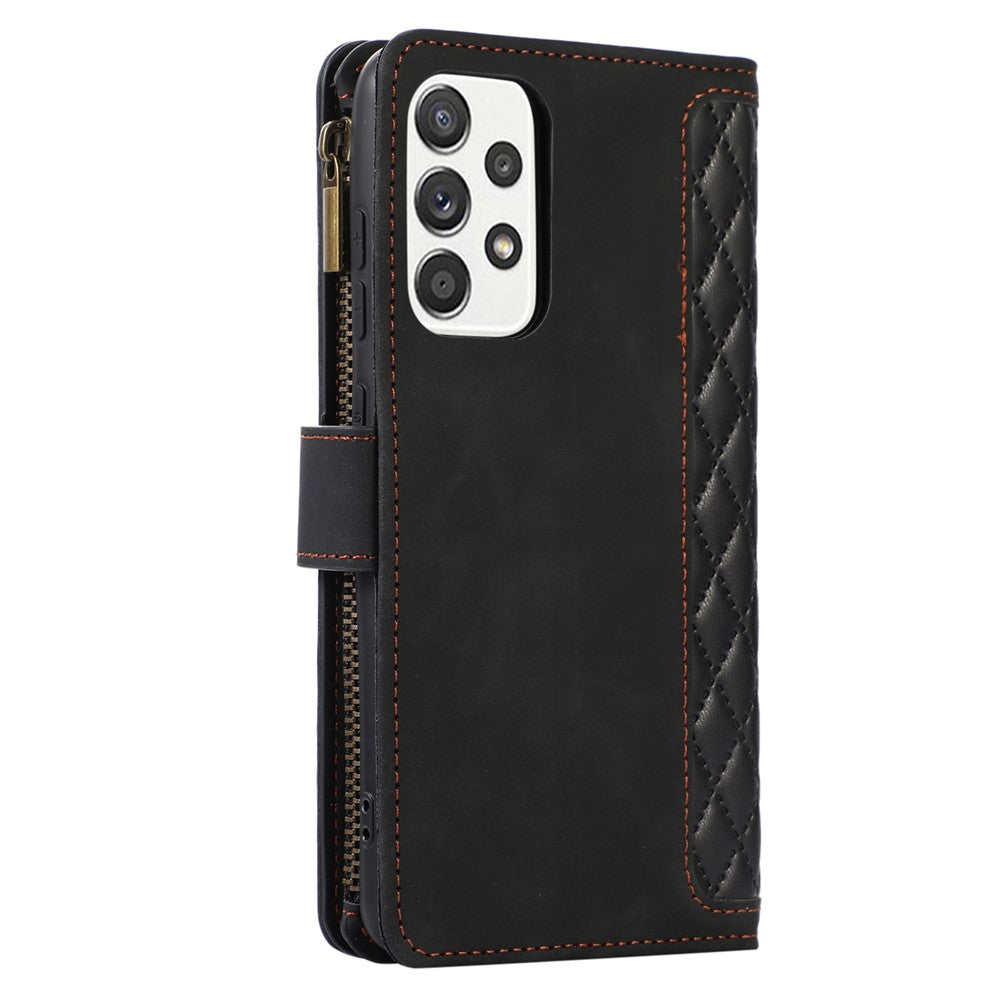 For Samsung Galaxy A32 4G (EU Version) Rhombus Imprint Zipper Pocket Wallet Phone Case Leather Card Holder Stand Cover