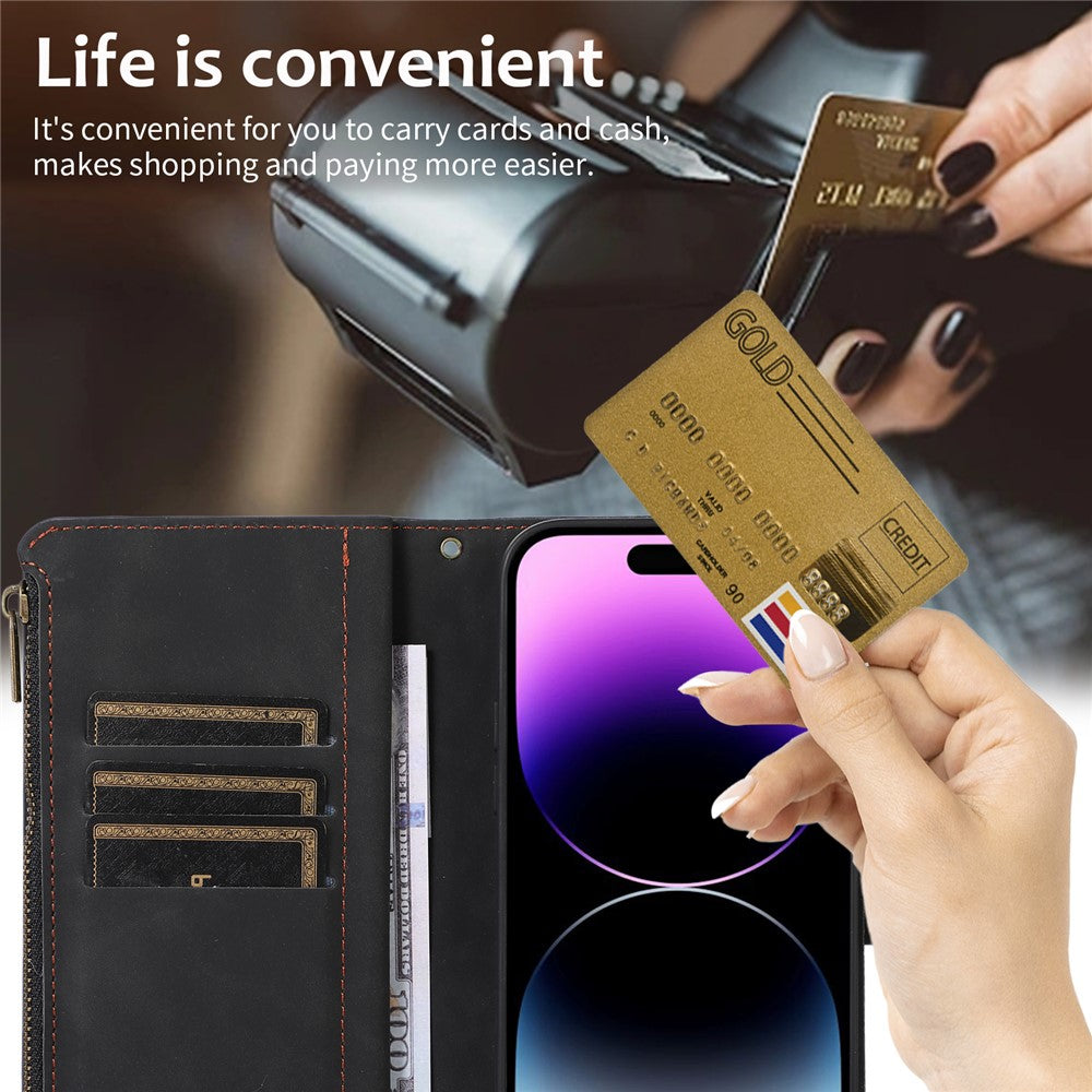 For iPhone 12 Pro Max 6.7 inch Leather Wallet Card Holder Phone Case Rhombus Imprinted Stand Cover with Zipper Pocket