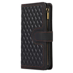 For iPhone 12 Pro Max 6.7 inch Leather Wallet Card Holder Phone Case Rhombus Imprinted Stand Cover with Zipper Pocket