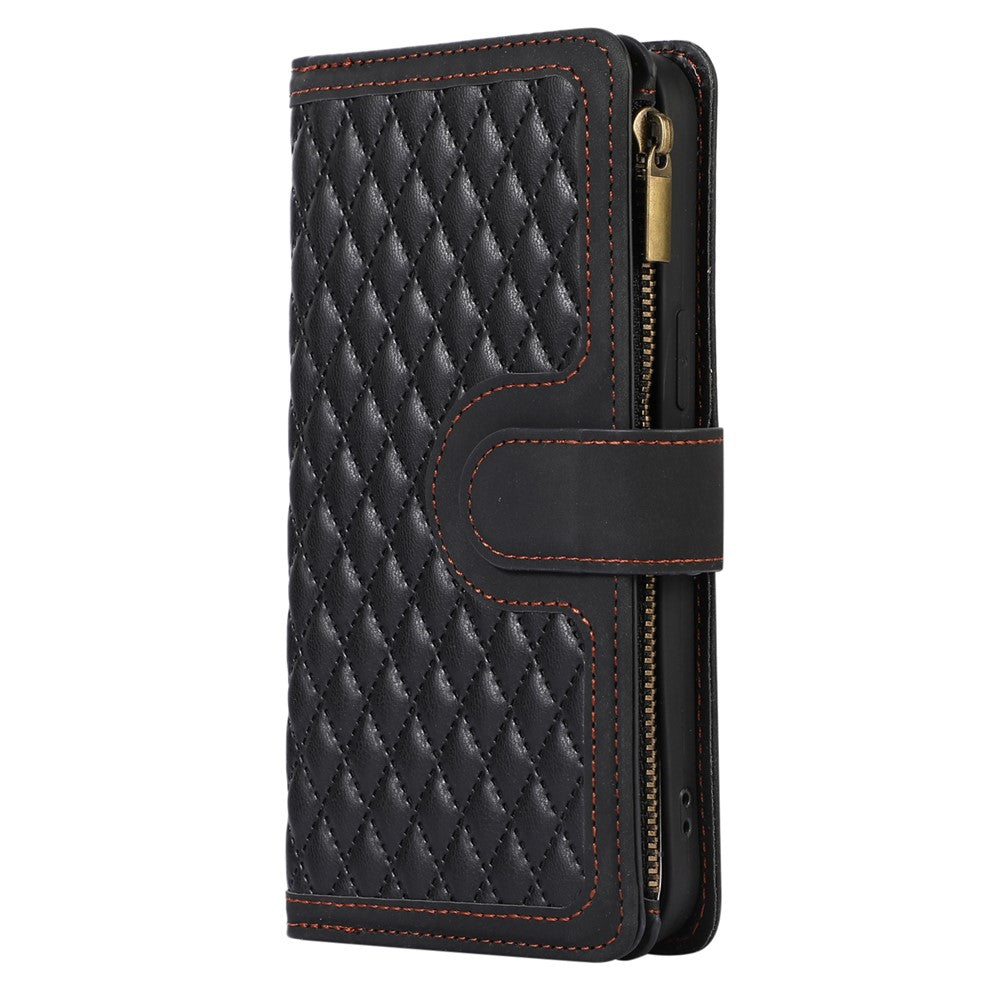 For iPhone 12 Pro Max 6.7 inch Leather Wallet Card Holder Phone Case Rhombus Imprinted Stand Cover with Zipper Pocket