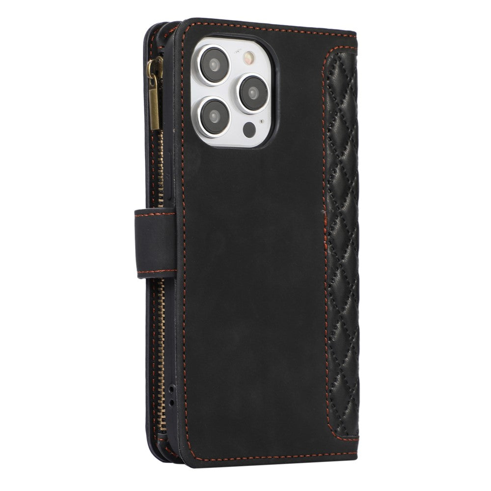 For iPhone 12 Pro Max 6.7 inch Leather Wallet Card Holder Phone Case Rhombus Imprinted Stand Cover with Zipper Pocket
