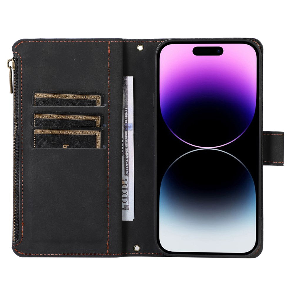 For iPhone 12 Pro Max 6.7 inch Leather Wallet Card Holder Phone Case Rhombus Imprinted Stand Cover with Zipper Pocket