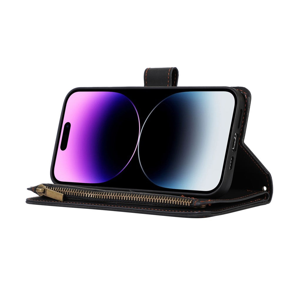 For iPhone 12 Pro Max 6.7 inch Leather Wallet Card Holder Phone Case Rhombus Imprinted Stand Cover with Zipper Pocket