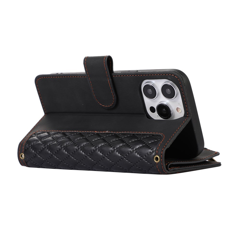 For iPhone 12 Pro Max 6.7 inch Leather Wallet Card Holder Phone Case Rhombus Imprinted Stand Cover with Zipper Pocket
