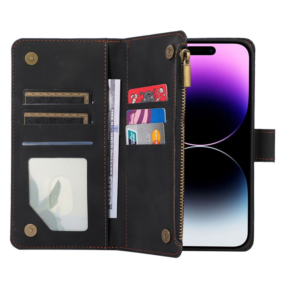 For iPhone 12 Pro Max 6.7 inch Leather Wallet Card Holder Phone Case Rhombus Imprinted Stand Cover with Zipper Pocket
