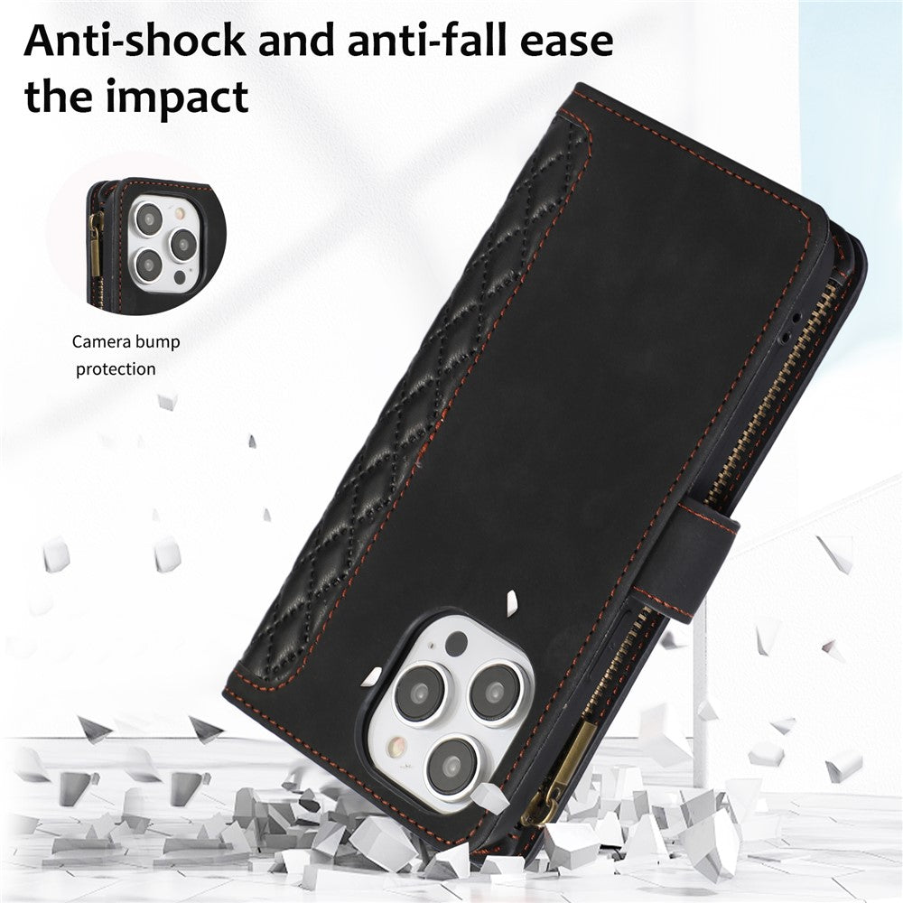 For iPhone 12 Pro Max 6.7 inch Leather Wallet Card Holder Phone Case Rhombus Imprinted Stand Cover with Zipper Pocket