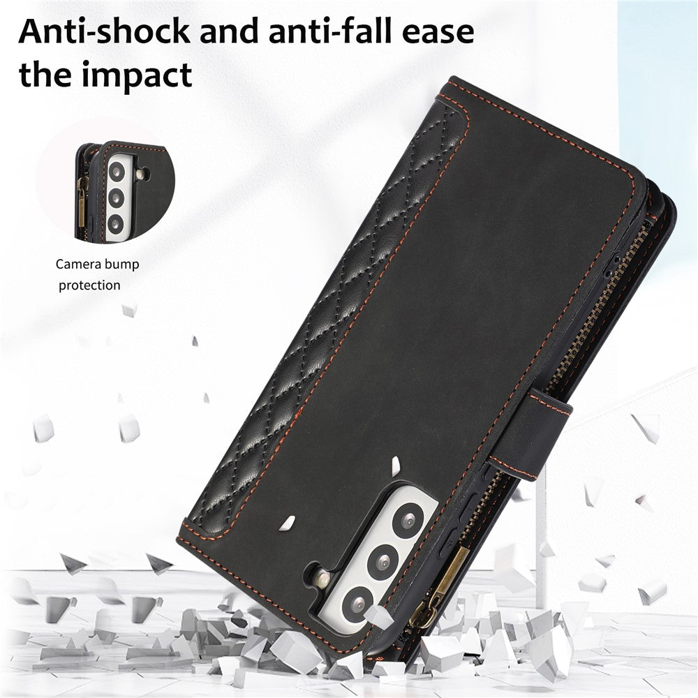 Läderfodral till Samsung Galaxy S22+ 5G med 9 kortfack, dragkedja, rombiskt tryck, stativ, plånboksfodral
