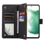 Läderfodral till Samsung Galaxy S22+ 5G med 9 kortfack, dragkedja, rombiskt tryck, stativ, plånboksfodral