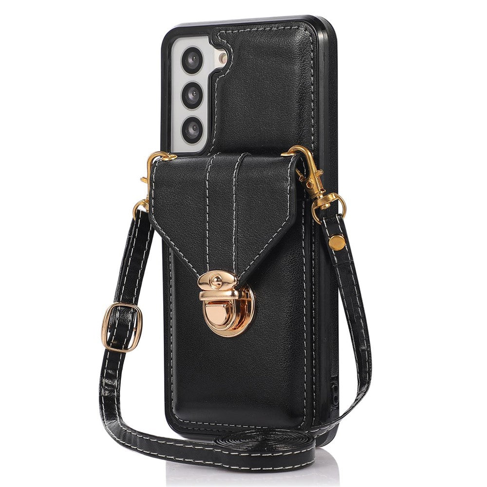 Card Holder Case for Samsung Galaxy S22+ 5G Kickstand PU Leather+TPU Phone Cover with Shoulder Strap