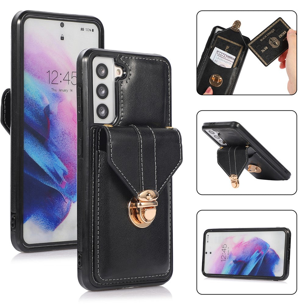 Card Holder Case for Samsung Galaxy S22+ 5G Kickstand PU Leather+TPU Phone Cover with Shoulder Strap