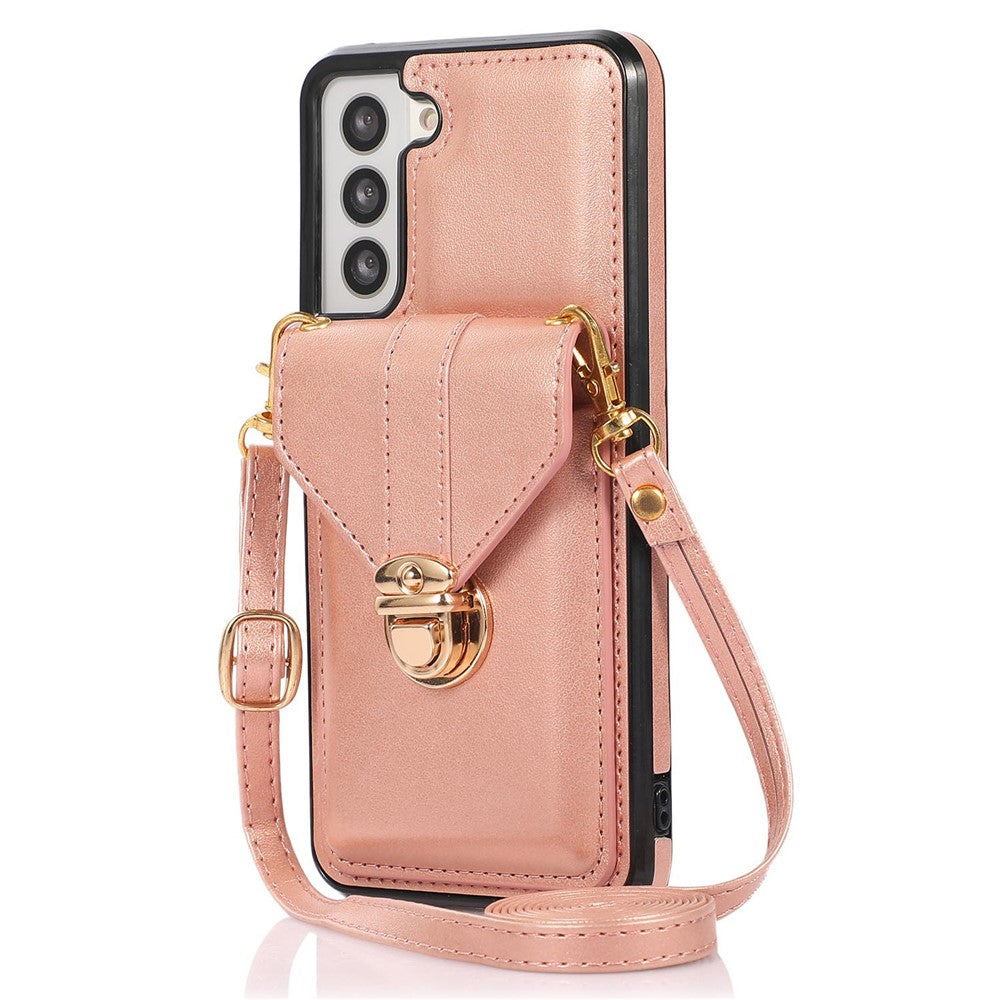 Card Holder Case for Samsung Galaxy S22+ 5G Kickstand PU Leather+TPU Phone Cover with Shoulder Strap