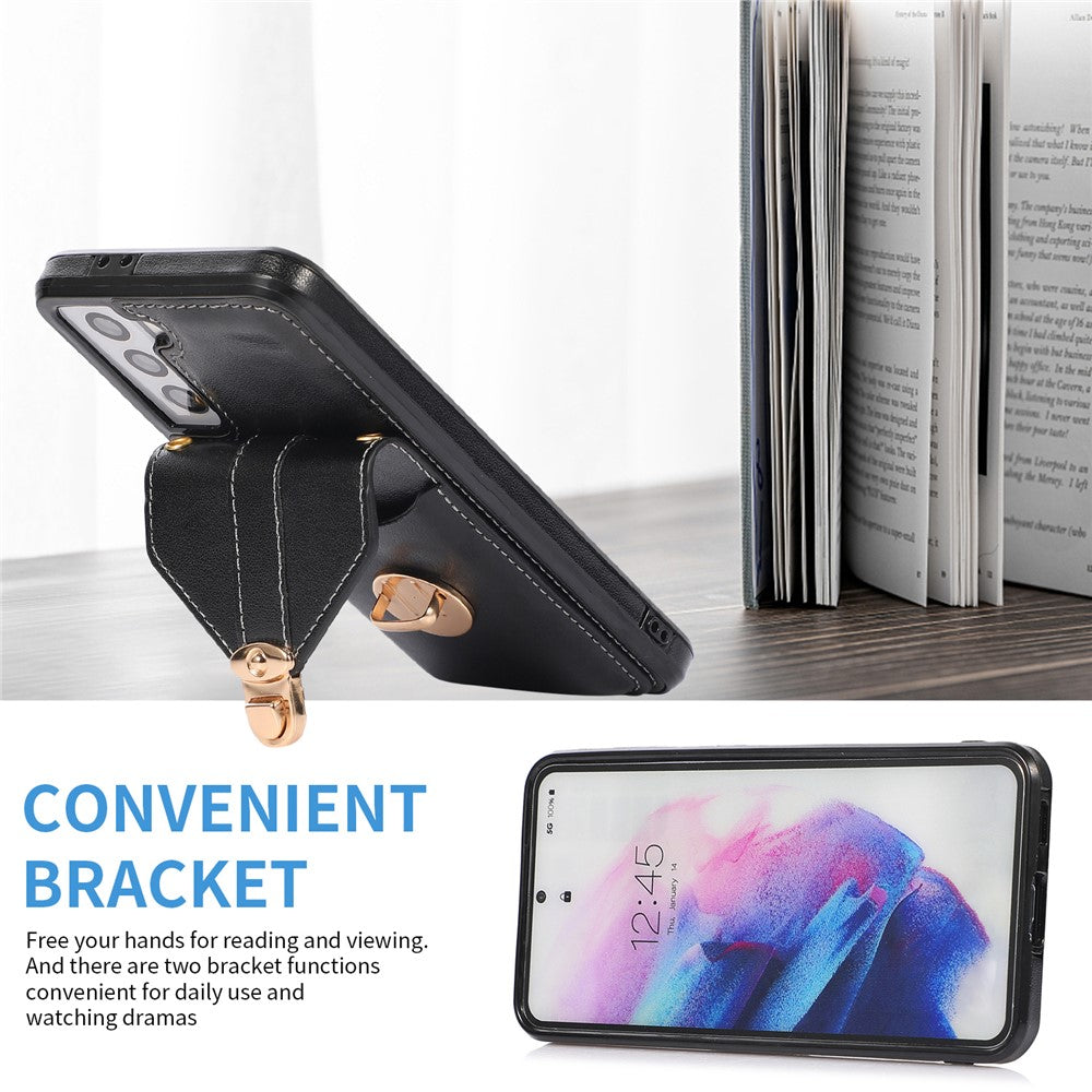 For Samsung Galaxy S21 4G / 5G Card Holder Drop-proof Case Kickstand PU Leather+TPU Phone Cover