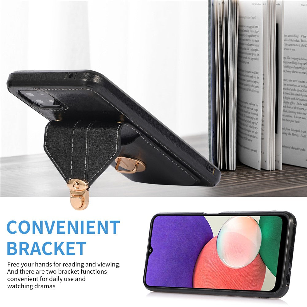 Back Protector for Samsung Galaxy A22 5G (EU Version) Kickstand Phone Cover Card Holder PU Leather+TPU Case