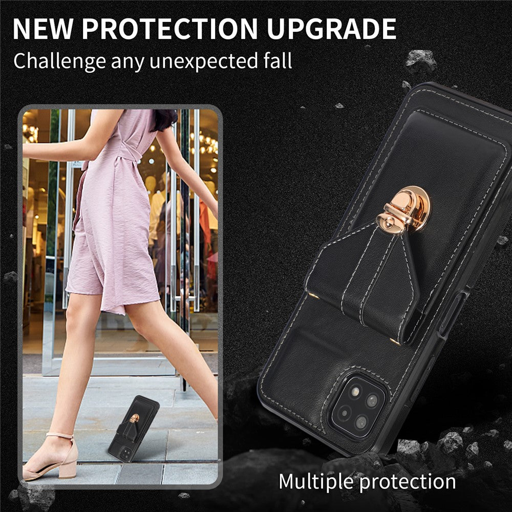 Back Protector for Samsung Galaxy A22 5G (EU Version) Kickstand Phone Cover Card Holder PU Leather+TPU Case