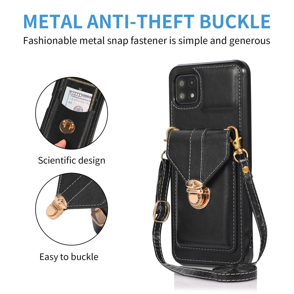 Back Protector for Samsung Galaxy A22 5G (EU Version) Kickstand Phone Cover Card Holder PU Leather+TPU Case