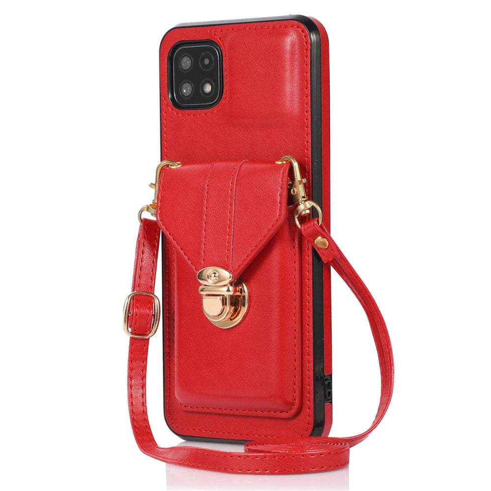 Back Protector for Samsung Galaxy A22 5G (EU Version) Kickstand Phone Cover Card Holder PU Leather+TPU Case