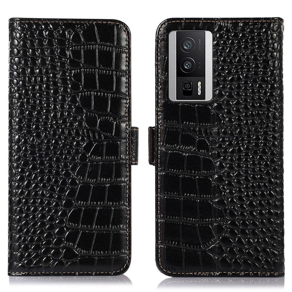 For Xiaomi Poco F5 Pro 5G / Redmi K60 5G / K60 Pro 5G Genuine Cowhide Leather Wallet Stand Case Crocodile Texture RFID Blocking Phone Cover