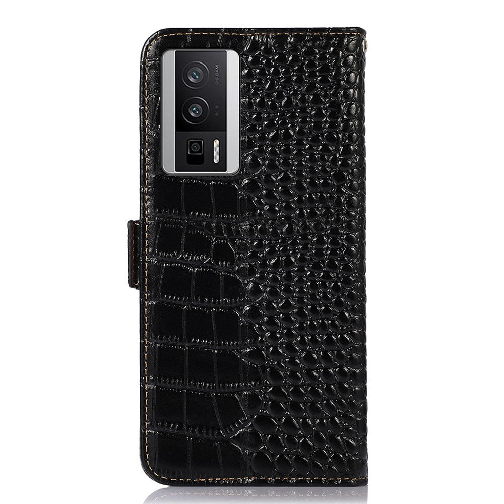 For Xiaomi Poco F5 Pro 5G / Redmi K60 5G / K60 Pro 5G Genuine Cowhide Leather Wallet Stand Case Crocodile Texture RFID Blocking Phone Cover