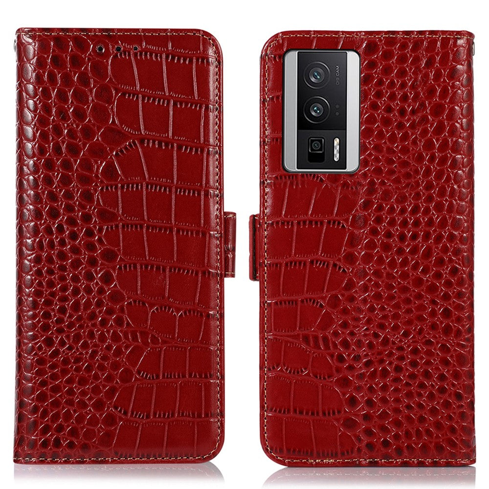 For Xiaomi Poco F5 Pro 5G / Redmi K60 5G / K60 Pro 5G Genuine Cowhide Leather Wallet Stand Case Crocodile Texture RFID Blocking Phone Cover