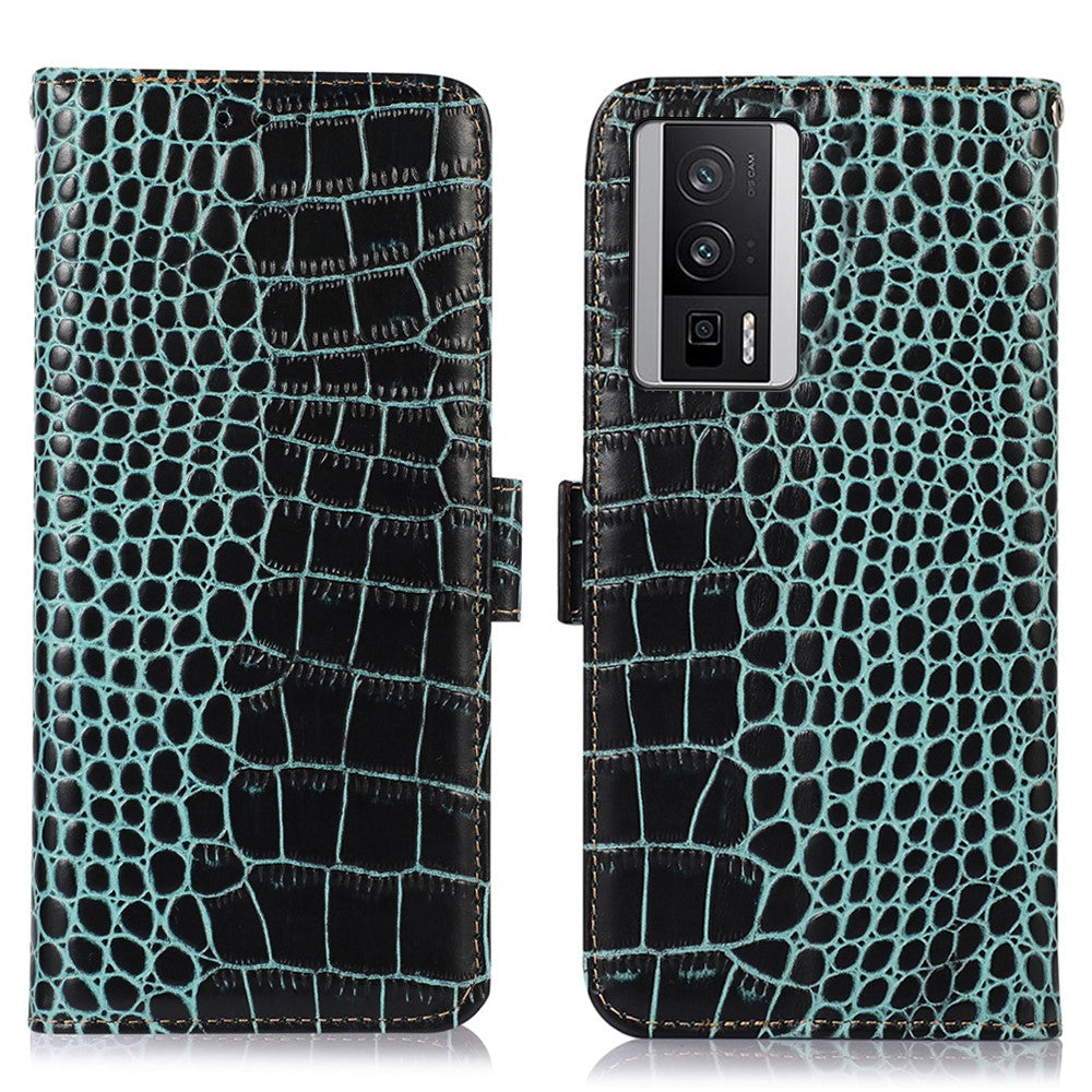 For Xiaomi Poco F5 Pro 5G / Redmi K60 5G / K60 Pro 5G Genuine Cowhide Leather Wallet Stand Case Crocodile Texture RFID Blocking Phone Cover
