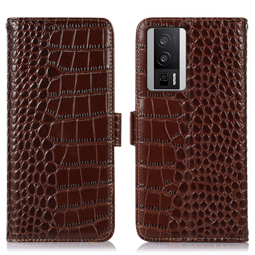 For Xiaomi Poco F5 Pro 5G / Redmi K60 5G / K60 Pro 5G Genuine Cowhide Leather Wallet Stand Case Crocodile Texture RFID Blocking Phone Cover