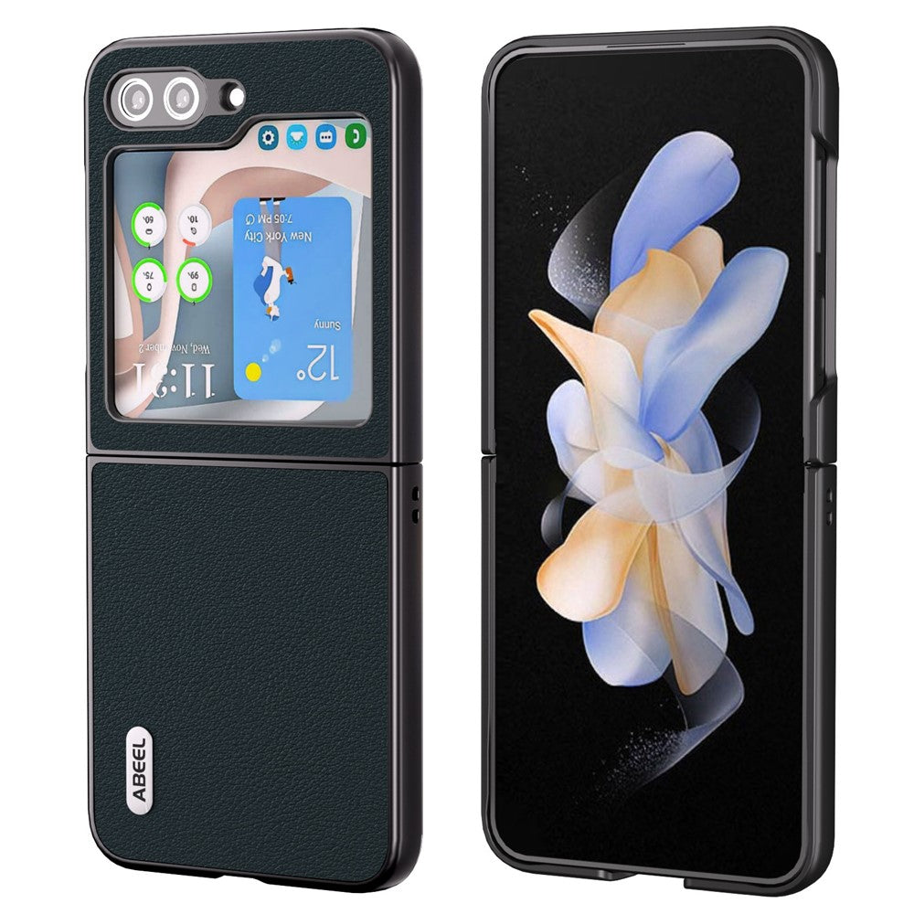 ABEEL För Galaxy Z Flip5 5G Äkta Koläder + Hårt PC-skal Matt Svart Kant mobilskal