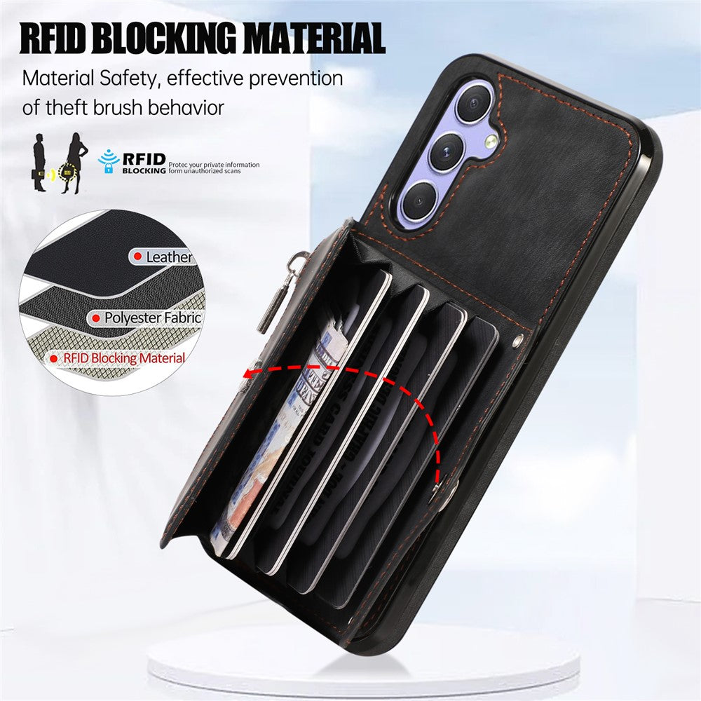 For Samsung Galaxy A54 5G RFID Blocking Mobile Phone Cover Card Bag Kickstand PU Leather Coated TPU Cover