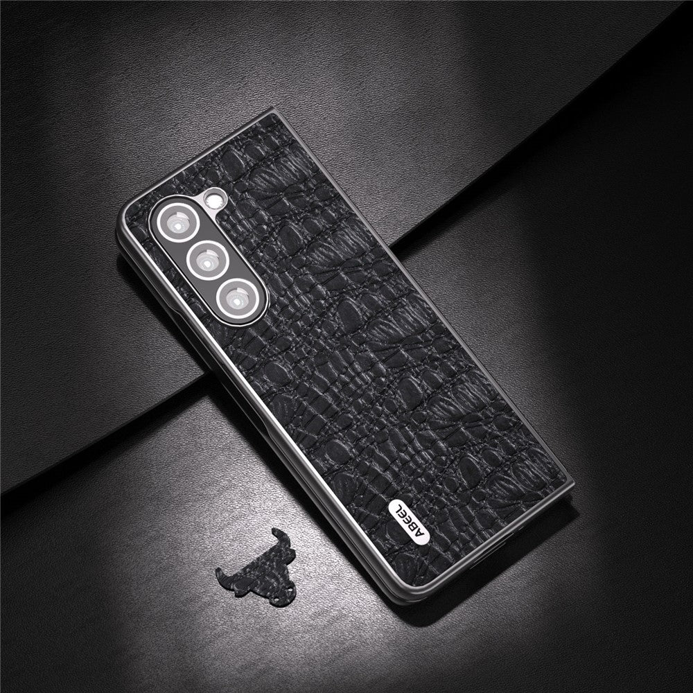 ABEEL For Samsung Galaxy Z Fold5 5G PC Phone Case Anti-Slip Genuine Cowhide Leather Coated Phone Cover