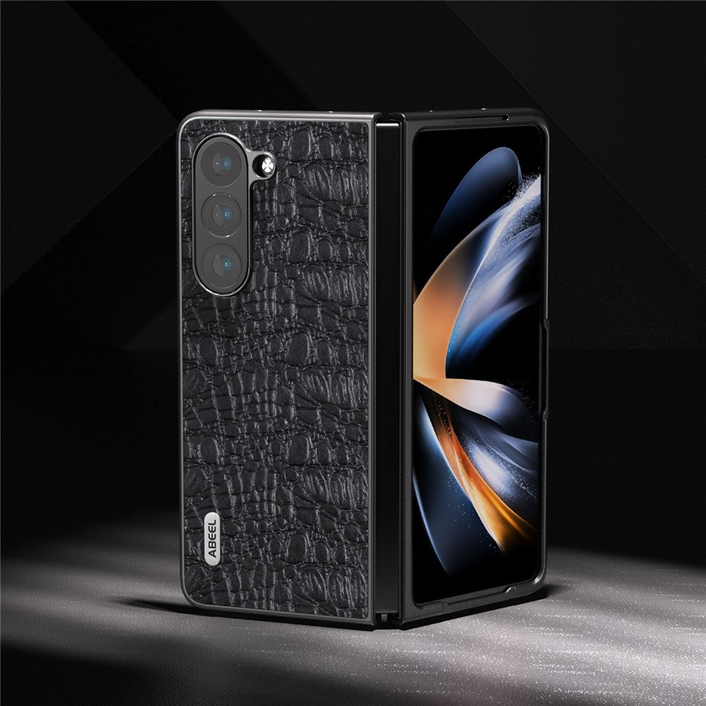 ABEEL For Samsung Galaxy Z Fold5 5G PC Phone Case Anti-Slip Genuine Cowhide Leather Coated Phone Cover