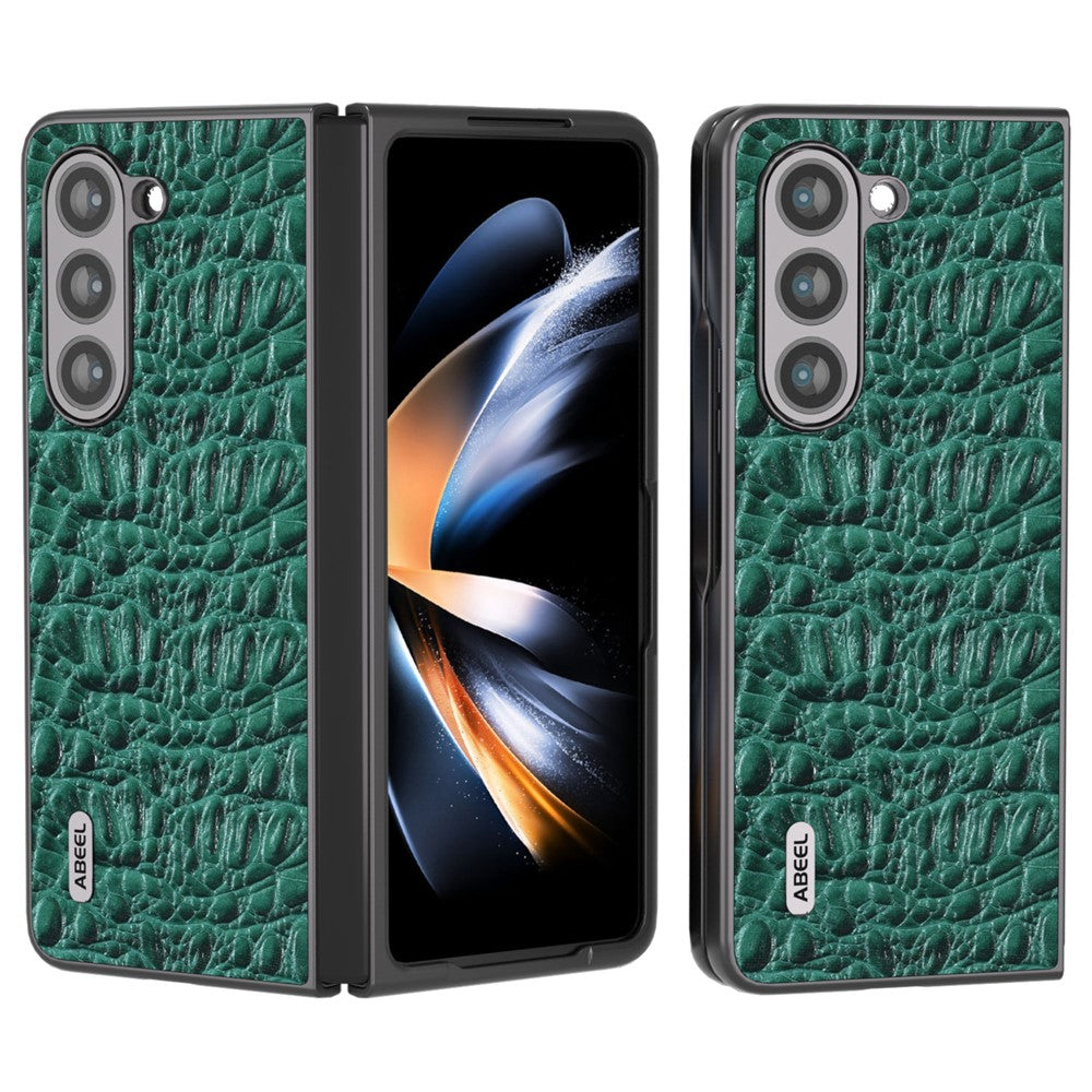 ABEEL For Samsung Galaxy Z Fold5 5G PC Phone Case Anti-Slip Genuine Cowhide Leather Coated Phone Cover