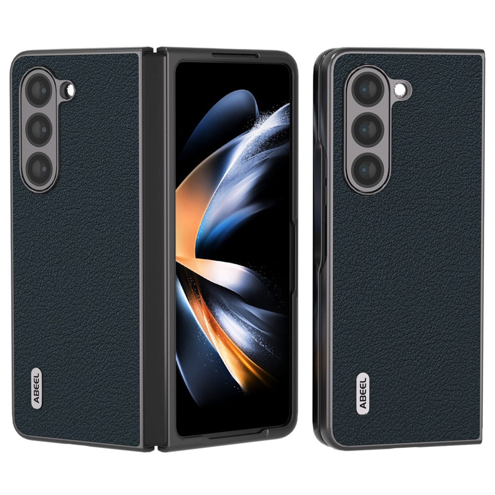ABEEL For Samsung Galaxy Z Fold5 5G Genuine Cow Leather + Hard PC Shell Black Edge Phone Case Cover