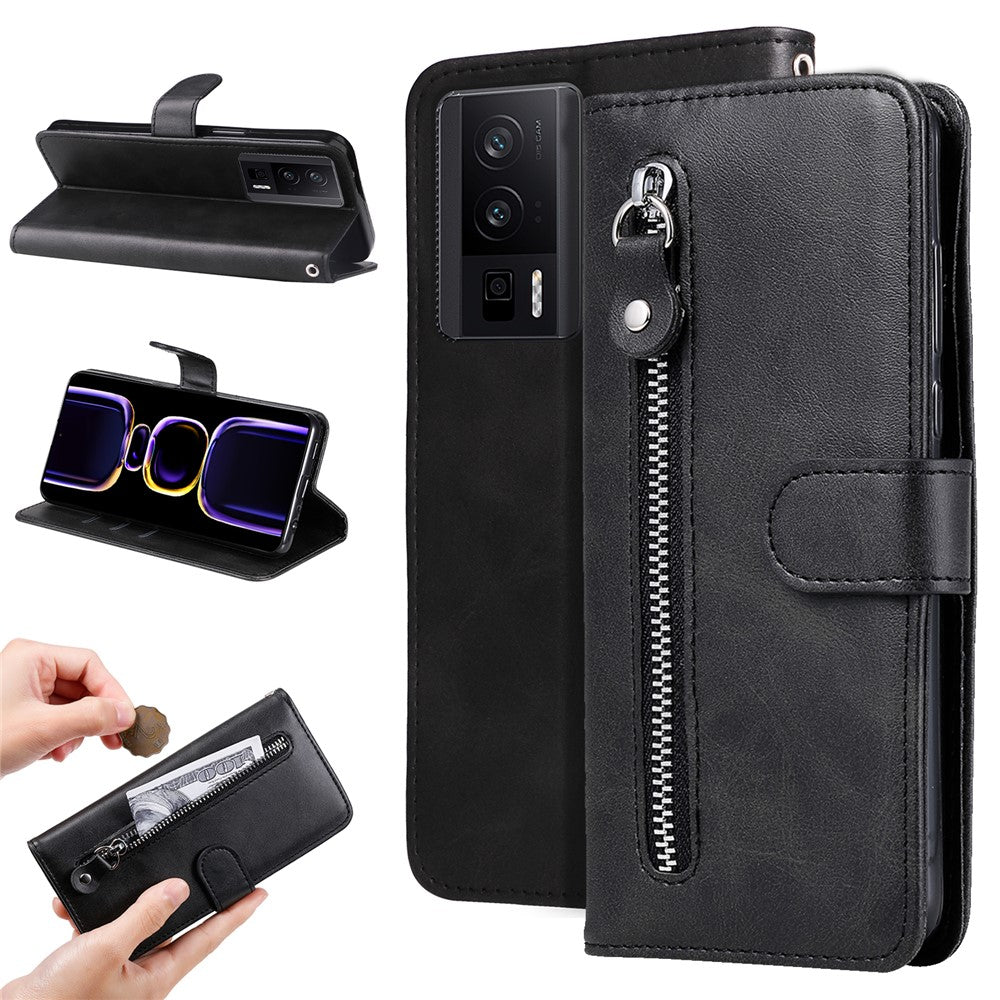 Xiaomi Redmi K60 Pro 5G / K60 5G / Poco F5 Pro 5G-mobilcover med stativ, kalveskindstekstur og lynlåspung