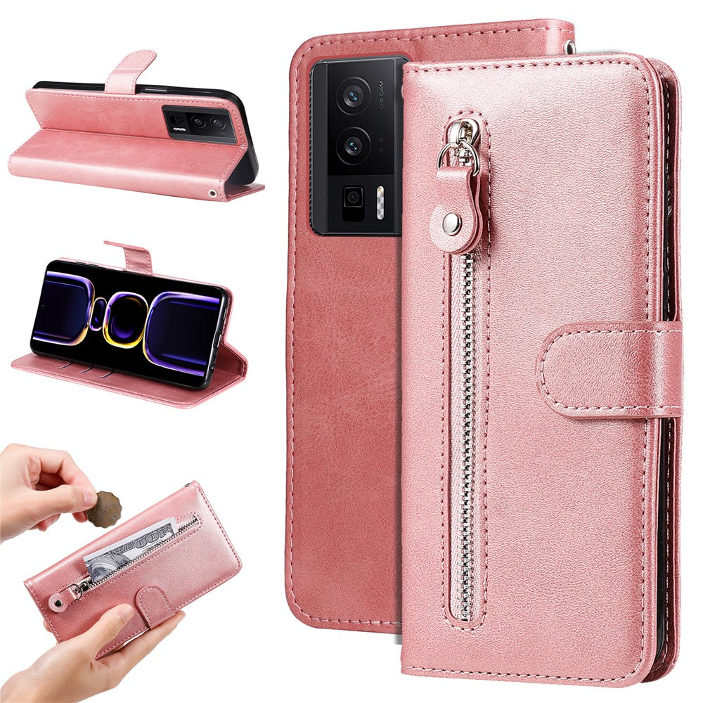 Xiaomi Redmi K60 Pro 5G / K60 5G / Poco F5 Pro 5G-mobilcover med stativ, kalveskindstekstur og lynlåspung