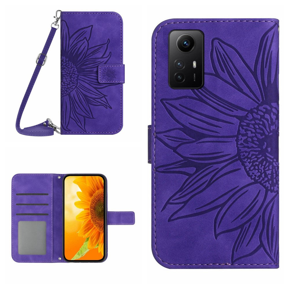 HT04 Läderfodral med stativ och axelrem för Xiaomi Redmi Note 12S 4G, plånboksfodral med solrostryck