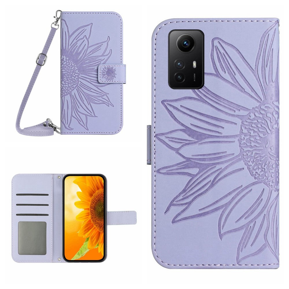 HT04 Läderfodral med stativ och axelrem för Xiaomi Redmi Note 12S 4G, plånboksfodral med solrostryck