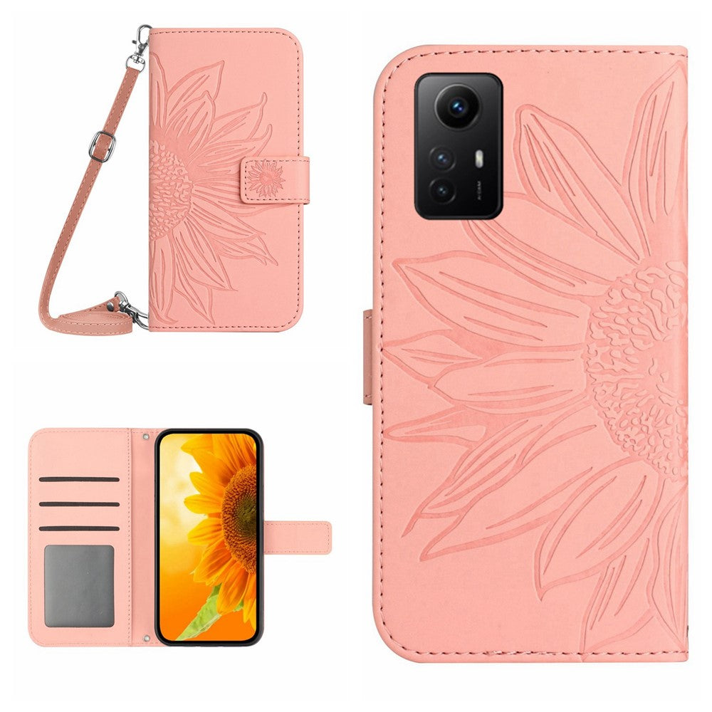 HT04 Läderfodral med stativ och axelrem för Xiaomi Redmi Note 12S 4G, plånboksfodral med solrostryck