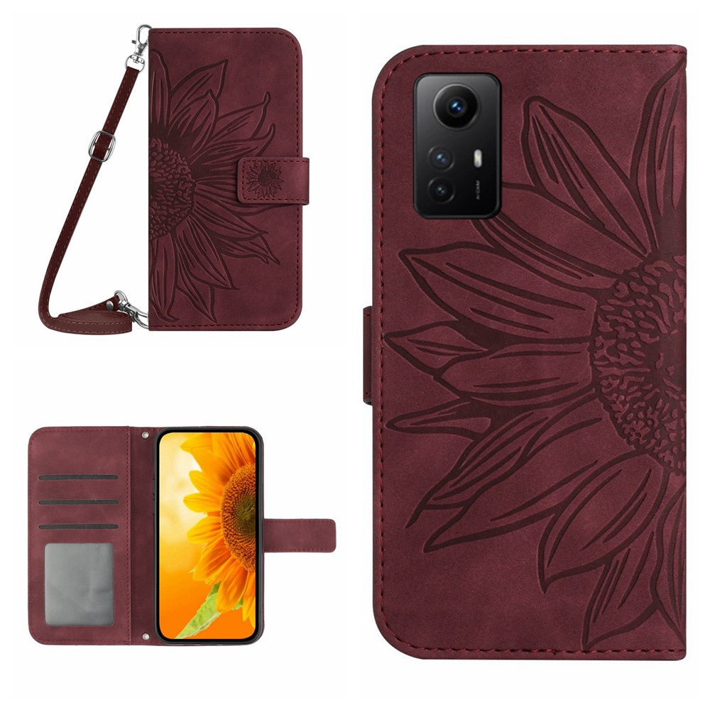 HT04 Läderfodral med stativ och axelrem för Xiaomi Redmi Note 12S 4G, plånboksfodral med solrostryck