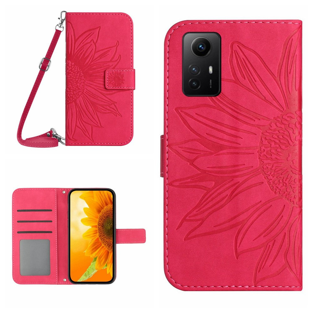 HT04 Läderfodral med stativ och axelrem för Xiaomi Redmi Note 12S 4G, plånboksfodral med solrostryck