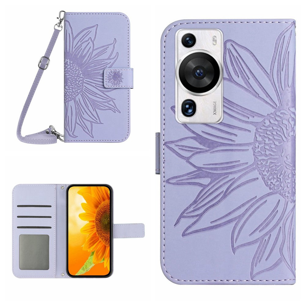 HT04 För Huawei P60 / P60 Pro Sunflower Imprinting mobilskal Läderställ Plånboksfodral med Axelrem